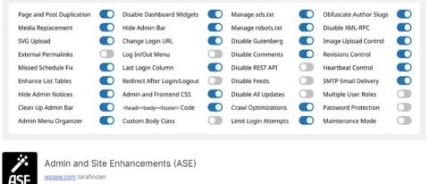 Admin and Site Enhancements (ASE), WordPress yönetim panelinde ve site genelinde çeşitli geliştirmeler sunarak kullanıcı deneyimini artıran bir eklentidir.