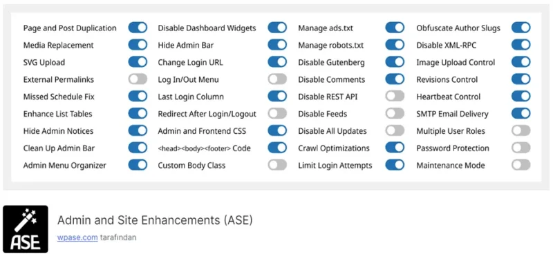 Admin and Site Enhancements (ASE), WordPress yönetim panelinde ve site genelinde çeşitli geliştirmeler sunarak kullanıcı deneyimini artıran bir eklentidir.