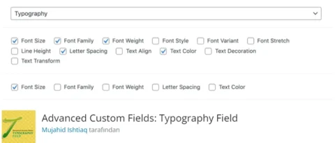 Advanced Custom Fields Typography Field, WordPress sitenizde yazı tipi seçimlerini özelleştirmenizi sağlayan bir eklentidir.