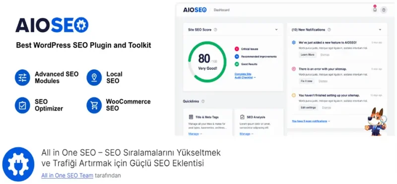 All in One SEO (AIOSEO), WordPress sitenizin arama motorlarındaki görünürlüğünü artırmak ve daha fazla organik trafik çekmek için kullanılan güçlü bir SEO eklentisidir.