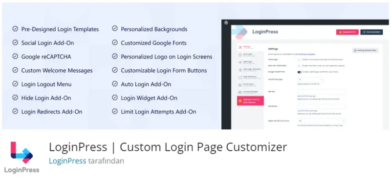 LoginPress – Custom Login Page Customizer, WordPress sitenizin giriş sayfasını özelleştirmenize olanak tanıyan bir eklentidir.