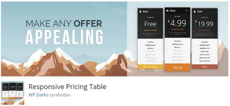 Responsive Pricing Table, web sitenizde ürün veya hizmetlerinizi tanıtmanın etkili bir yolunu sunan bir eklentidir.