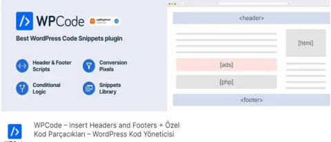 WPCode, WordPress sitenizde özel kod parçacıkları eklemek için mükemmel bir eklentidir. Bu eklenti sayesinde başlıklar, alt bilgiler ve diğer bölümlere kolayca kod ekleyebilir, sitenizin işlevselliğini artırabilirsiniz.