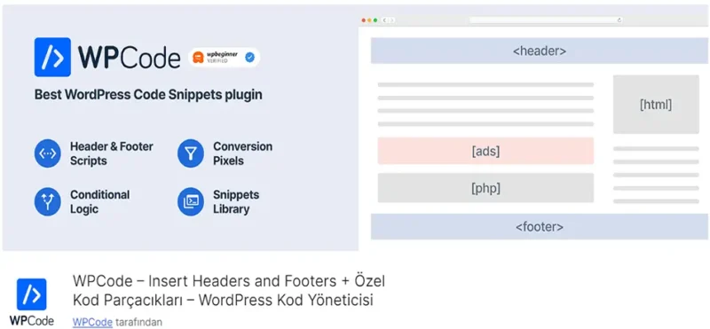 WPCode, WordPress sitenizde özel kod parçacıkları eklemek için mükemmel bir eklentidir. Bu eklenti sayesinde başlıklar, alt bilgiler ve diğer bölümlere kolayca kod ekleyebilir, sitenizin işlevselliğini artırabilirsiniz.