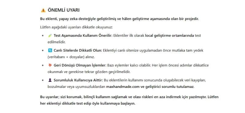 Eklenti kurulumu ve kullanımı yapmadan önce dikkat edilmesi gereken hususlar.