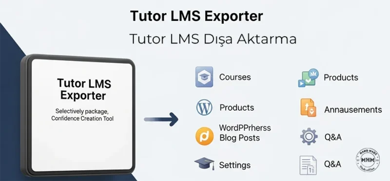 Eklentinizle kursları, ayarları ve içerikleri eksiksiz olarak dışa aktarın. Yeni bir şablon site mi oluşturuyorsunuz? Müşterinize kurulu bir eğitim platformu mu teslim edeceksiniz? İşte çözüm: MHM Tutor LMS Dışa Aktarıcı.