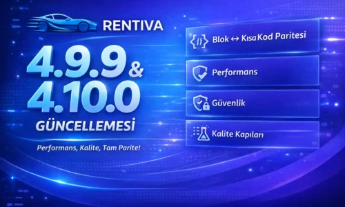 Rentiva’nın 4.9.9 ve 4.10.0 sürümleri yayınlandı. Bu iki sürüm, özellikle kod kalitesi, performans, güvenlik ve blok–kısa kod paritesi konularında önemli bir eşiği geride bırakıyor.