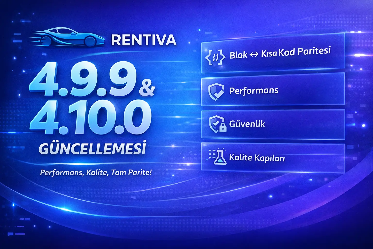 Rentiva’nın 4.9.9 ve 4.10.0 sürümleri yayınlandı. Bu iki sürüm, özellikle kod kalitesi, performans, güvenlik ve blok–kısa kod paritesi konularında önemli bir eşiği geride bırakıyor.